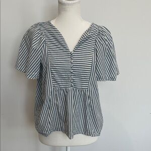 Madewell Blue & White Striped V-Neck Flutter Sleeve Top